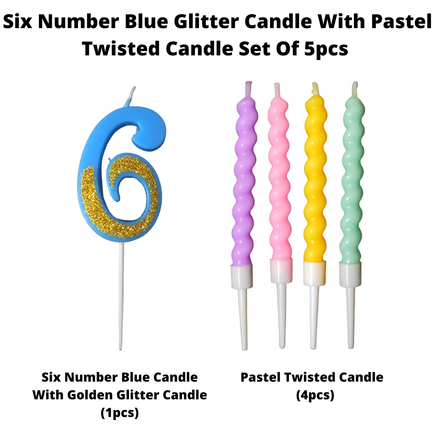 Party Decorz Number 6 Candle | Six Number Candle | Six Number Blue Glitter Candle with Pastel Twisted Candle Set of 5pcs for Bir